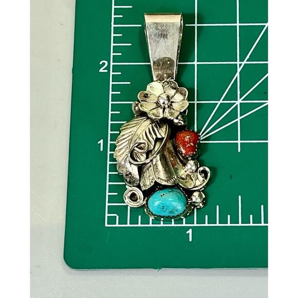 Large Vintage Native Navajo Turquoise Coral Sterling Silver Pendant 2.5” Signed - Picture 12 of 13